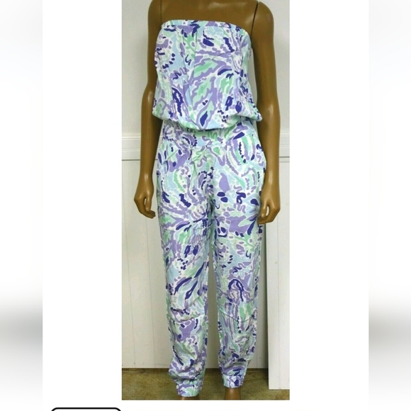 Lilly Pulitzer Blue and Green EMIKO  Strapless Jumpsuit Size Small - Picture 2 of 9